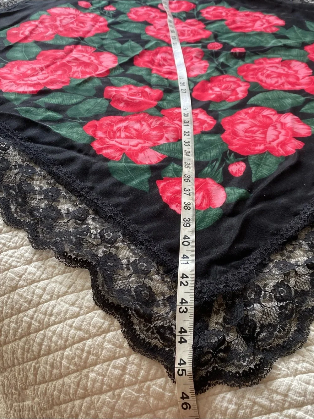 Black Floral Square Scarf Red Roses Lace Trim 35-inch square Whimsigoth Romantic